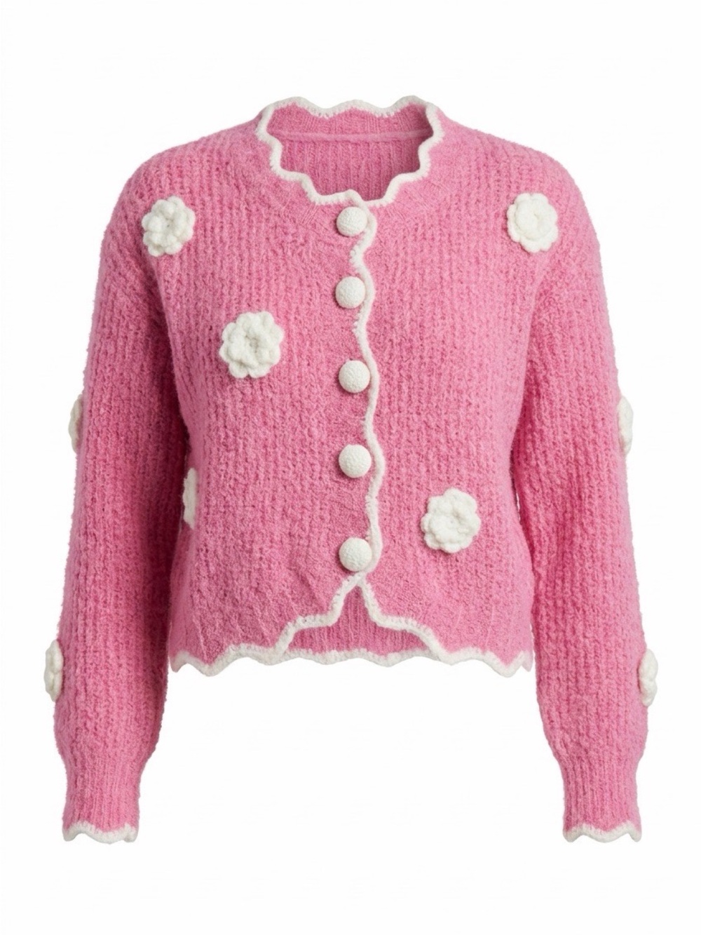 Pink Floral Crochet-Appliqué Knit Cardigan